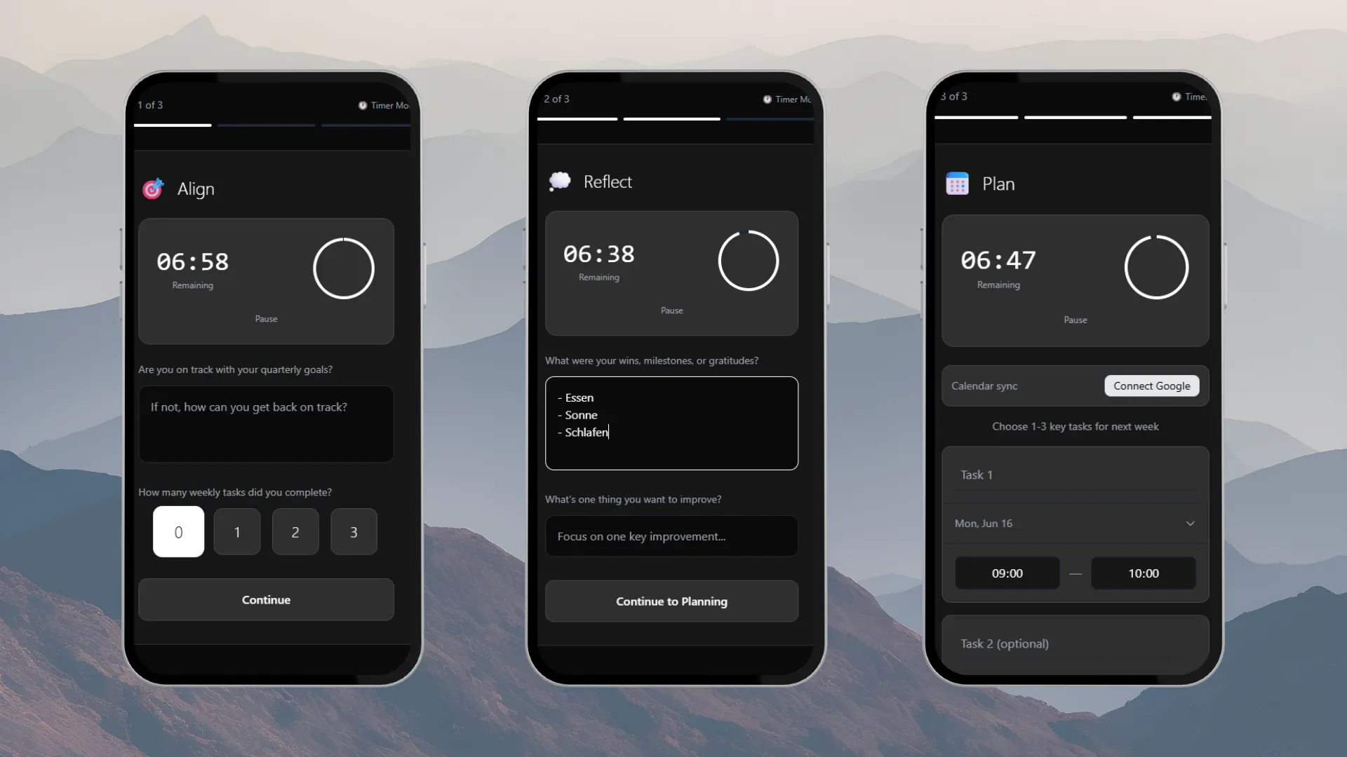 Mobile app screens for weekly planning and goal tracking