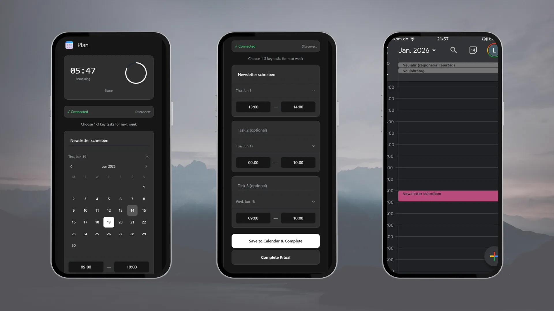 Mobile calendar integration screens in the planning app
