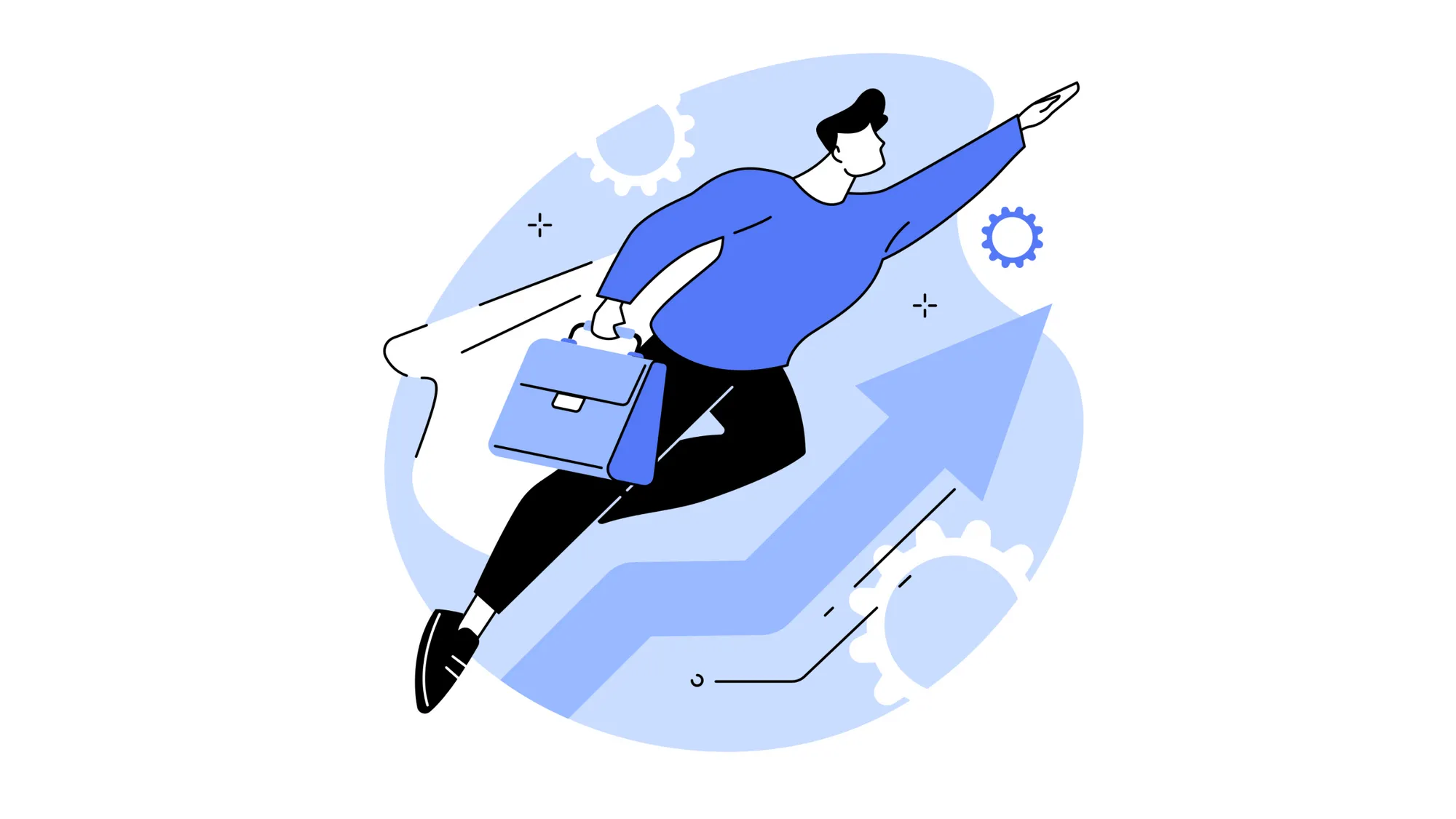 Illustration of a person flying forward with a laptop and briefcase