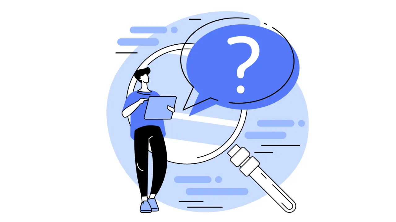 Illustration of a person examining a large question mark with a magnifying glass