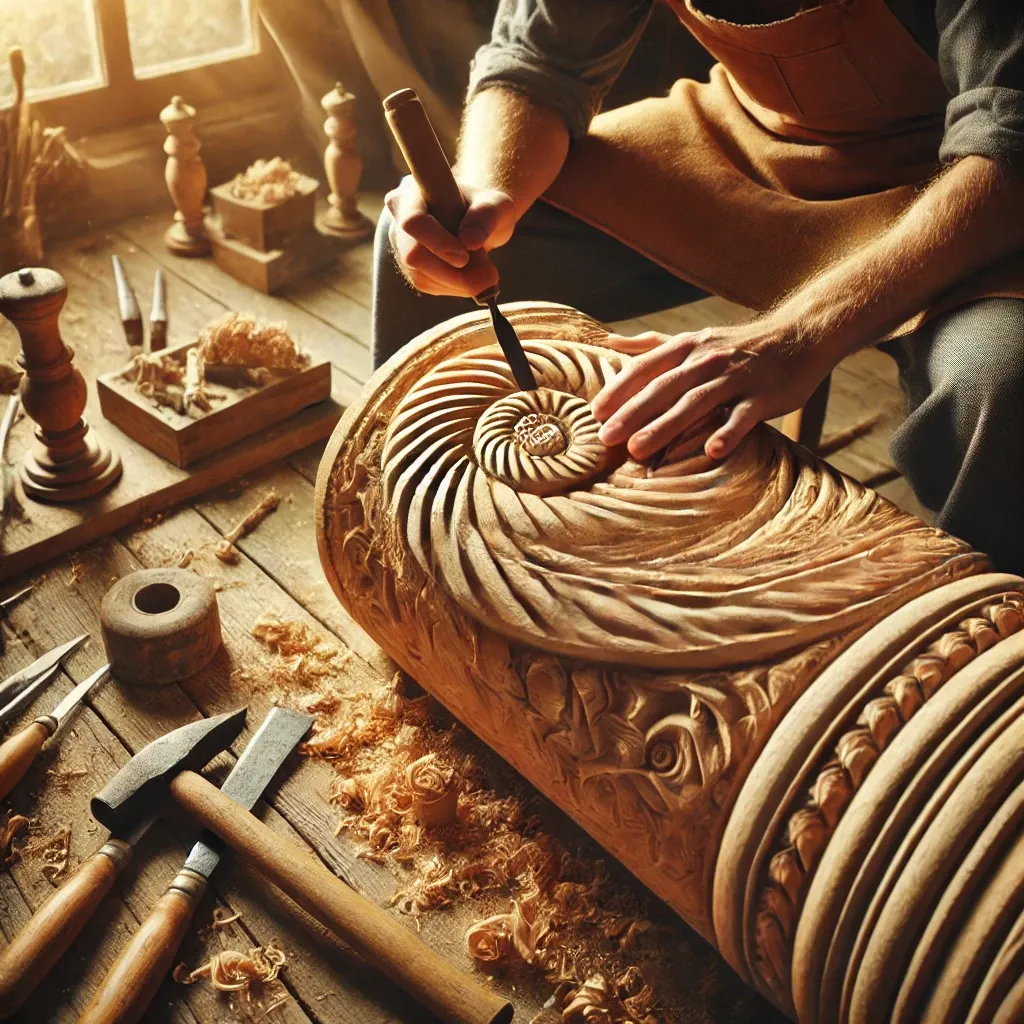 Person carving a wooden spiral pattern with hand tools