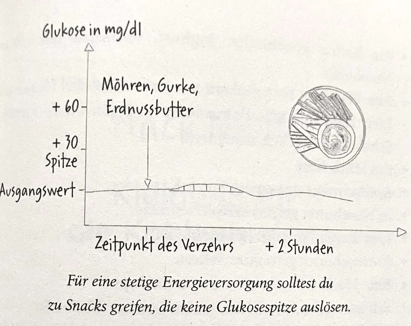 Handwritten glucose curve for stable snacks like carrots, cucumber, and peanut butter