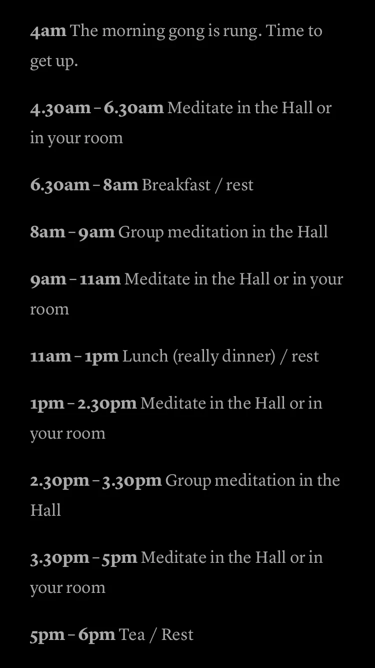 Vipassana meditation daily schedule from 4am to 10pm
