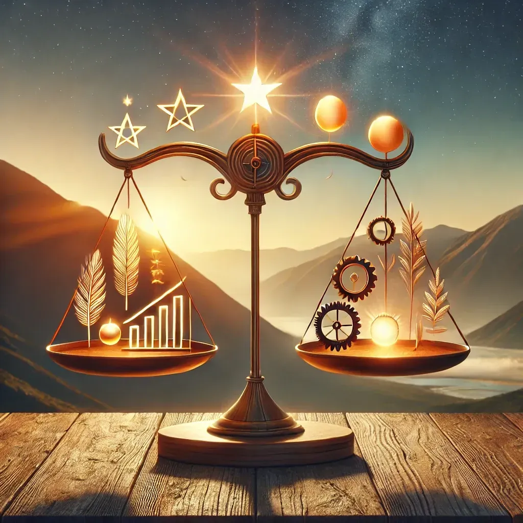 Balance scale illustration comparing growth goals and personal ecology