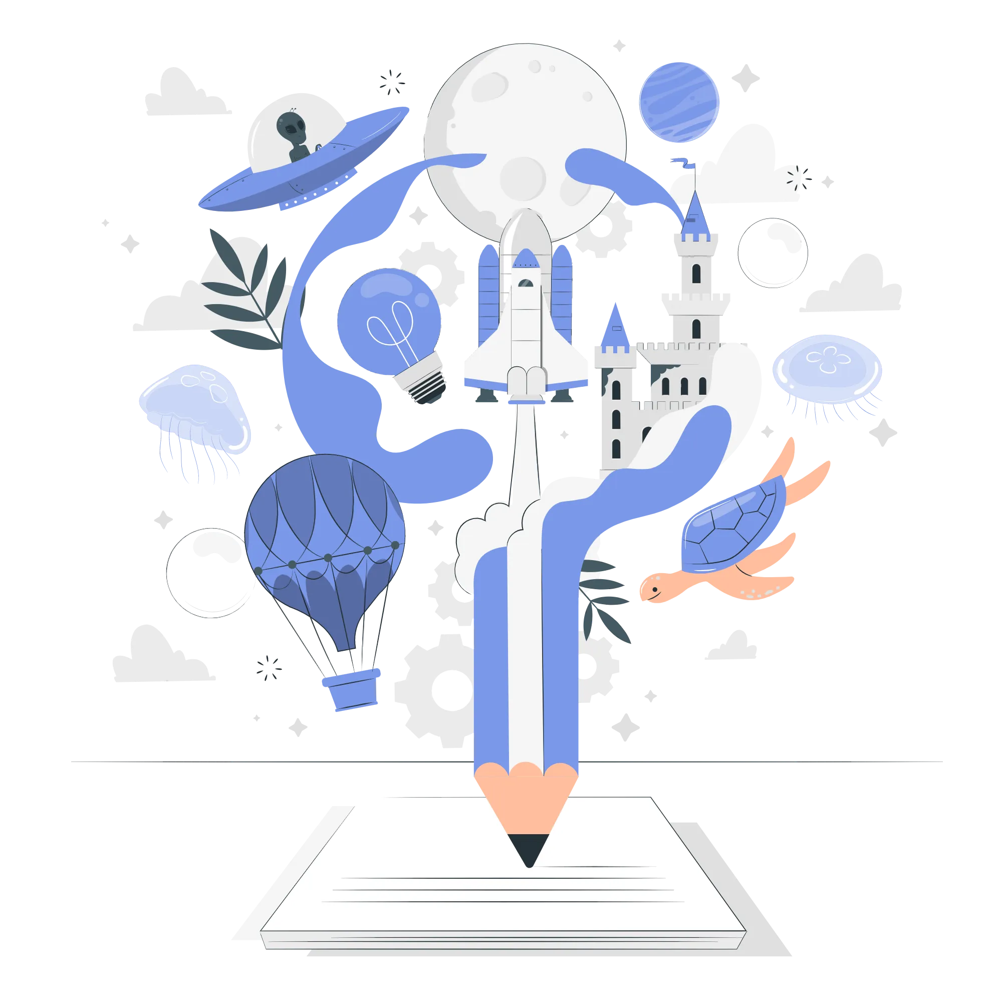 Creative writing illustration with a large pencil and ideas