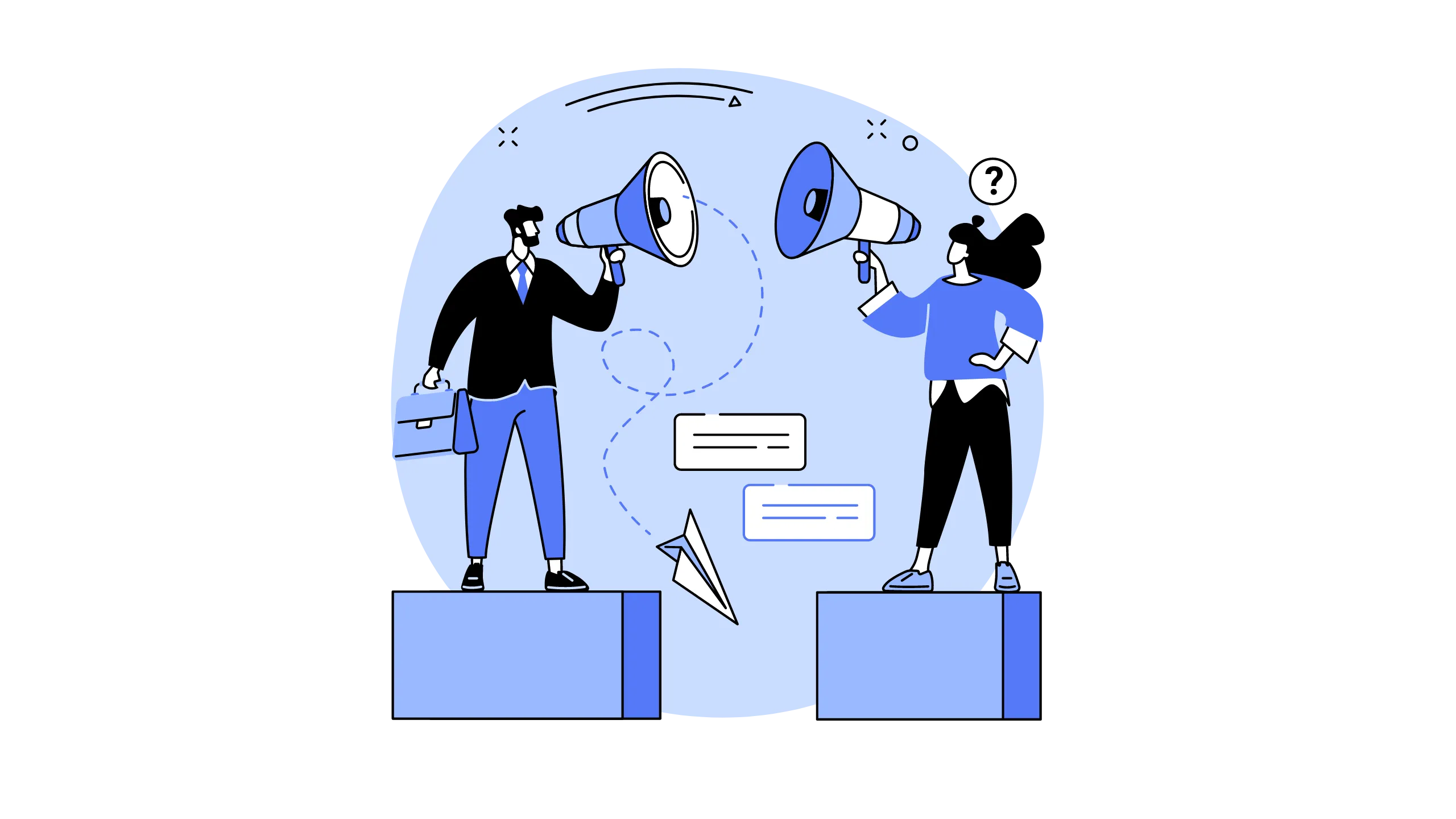 Illustration of speakers presenting from podiums