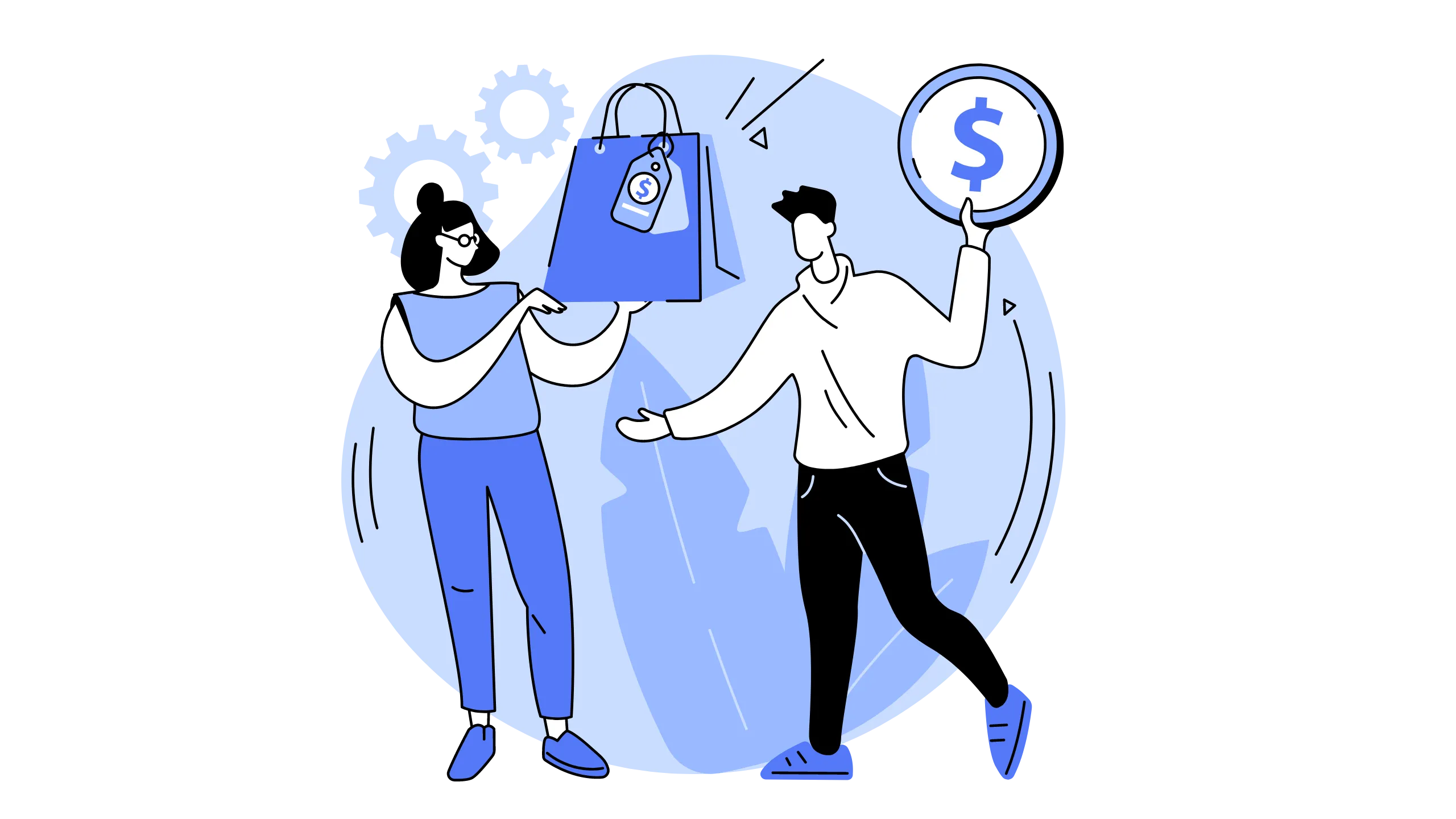 Illustration of people with a shopping bag and money symbol