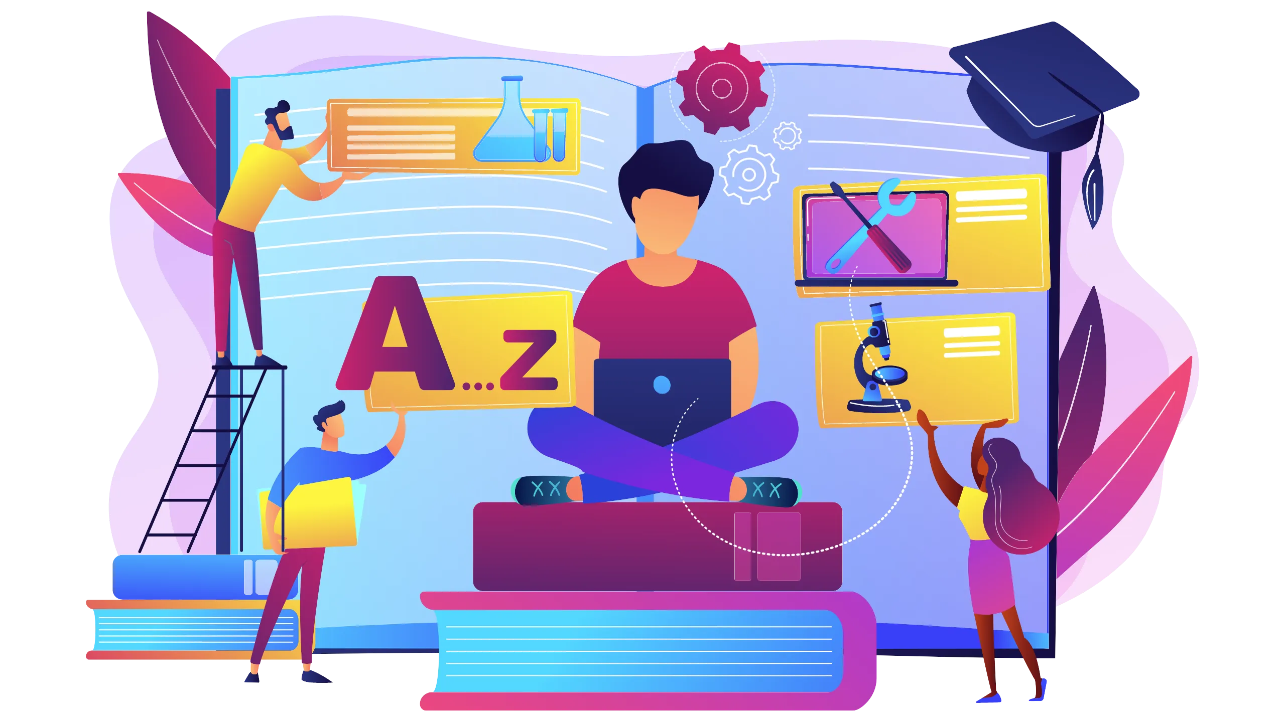 Colorful illustration of online learning with screens, books, and letters