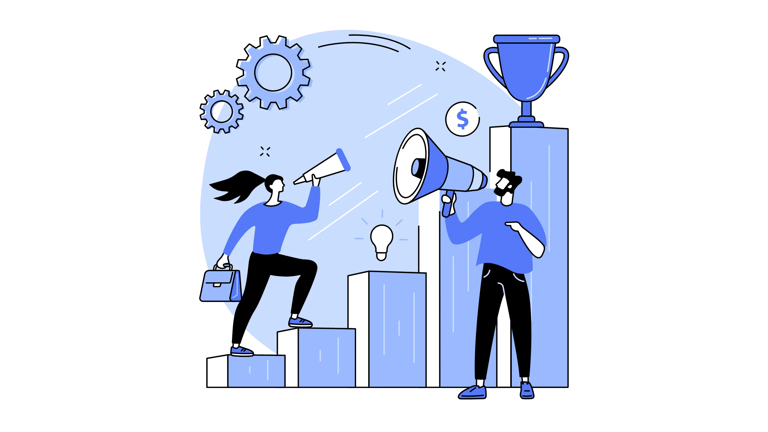 Illustration of people raising trophies on podiums