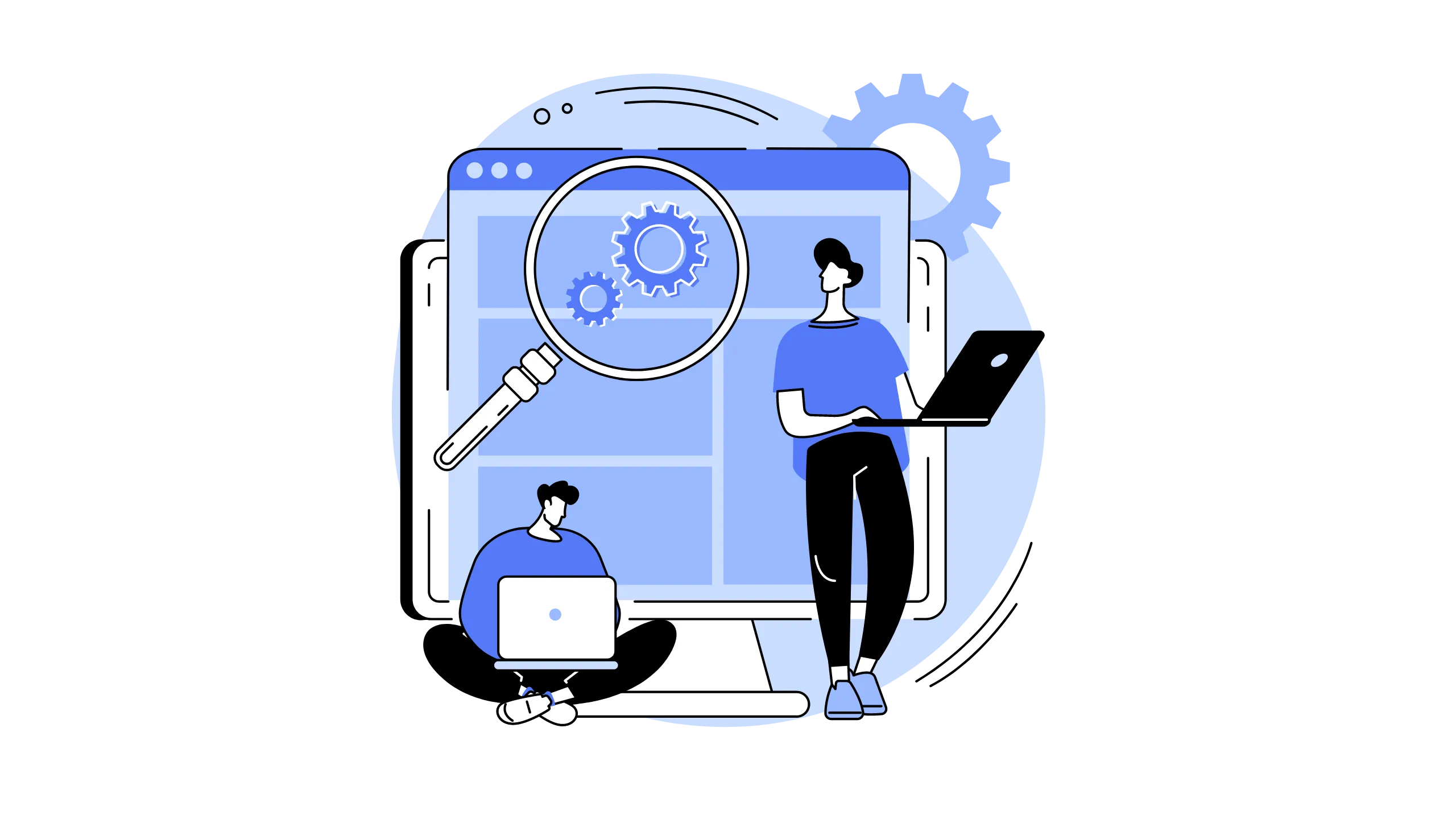 Illustration of a dashboard and a person presenting a graph