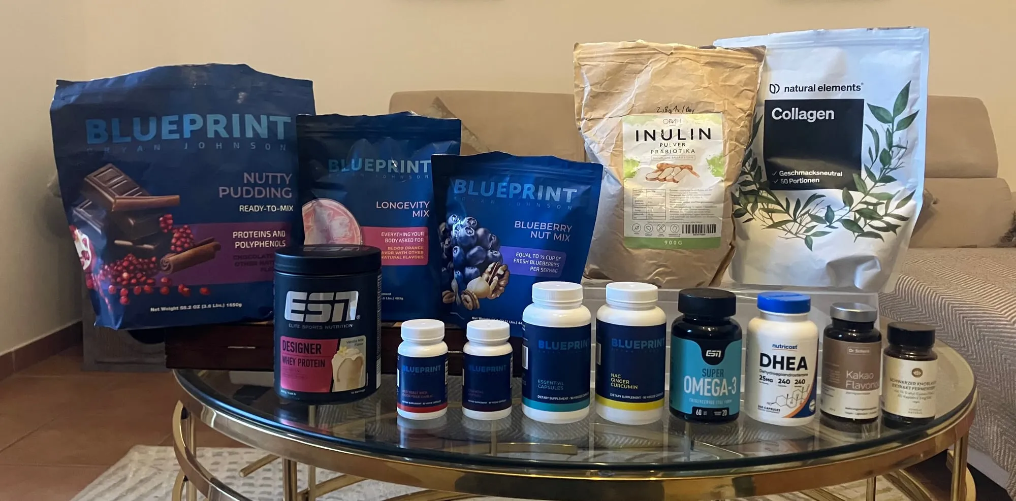 Daily supplement routine with powders, oils, and capsules on a table