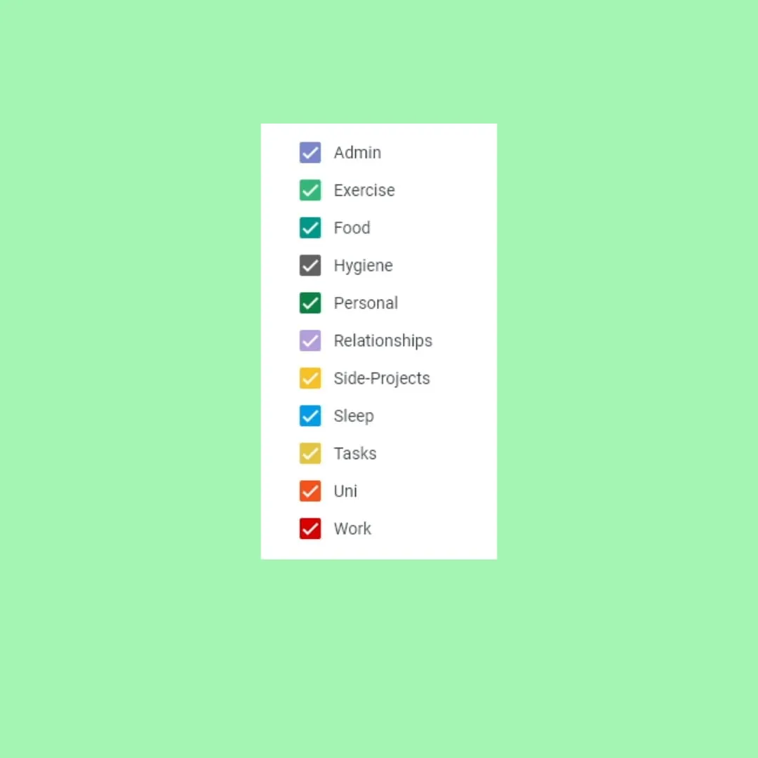Life areas organized into categories for time tracking