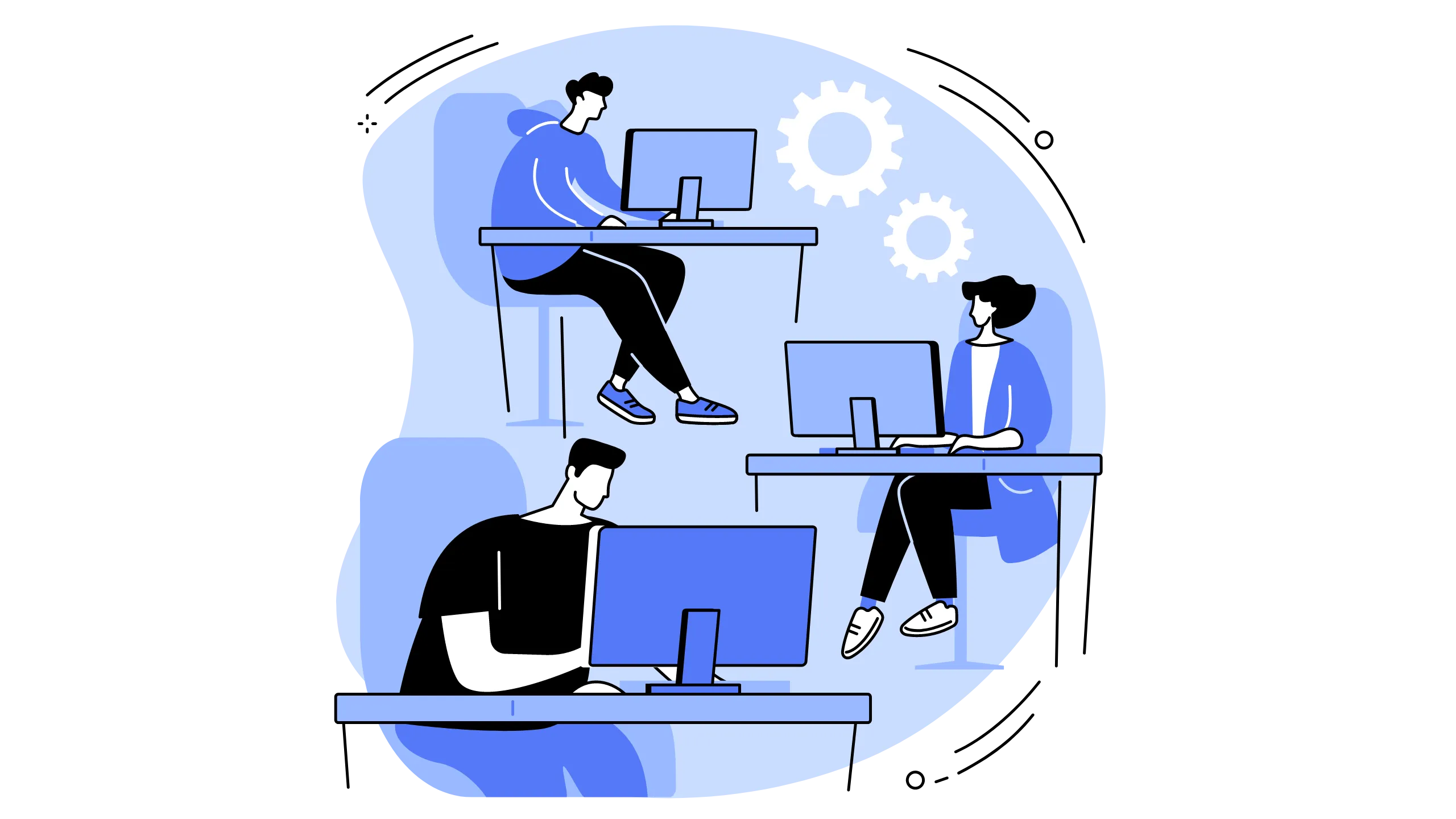 Illustration of people working at desks with gears in the background