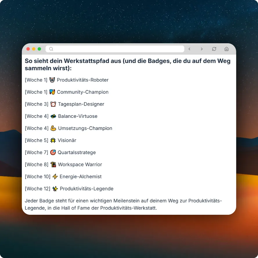 Overview of gamification badges for a productivity course