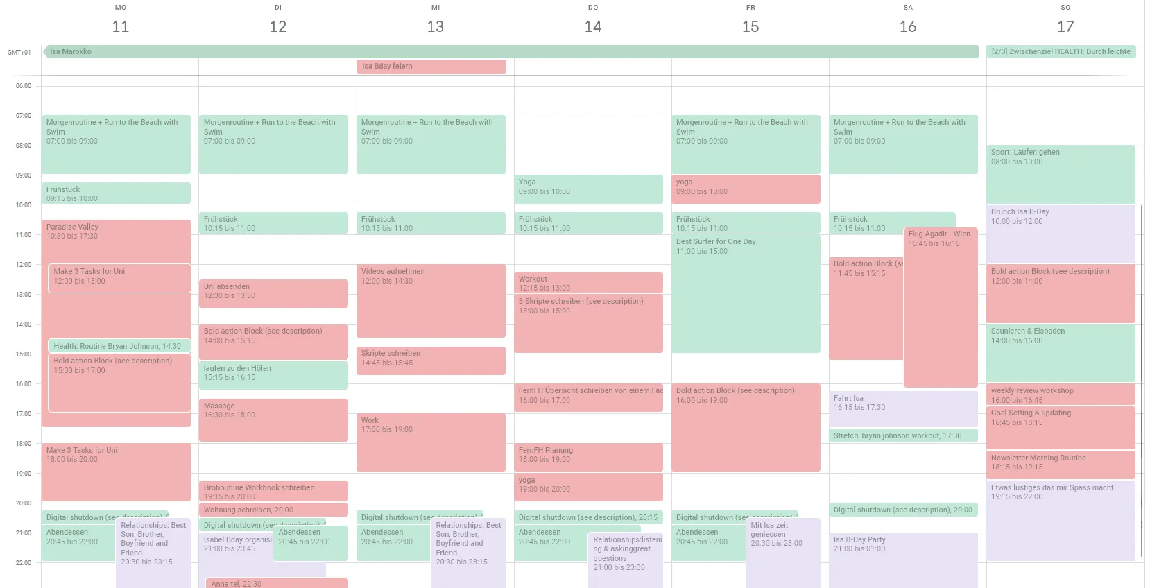 my calendar in a typical week from monday to sunday