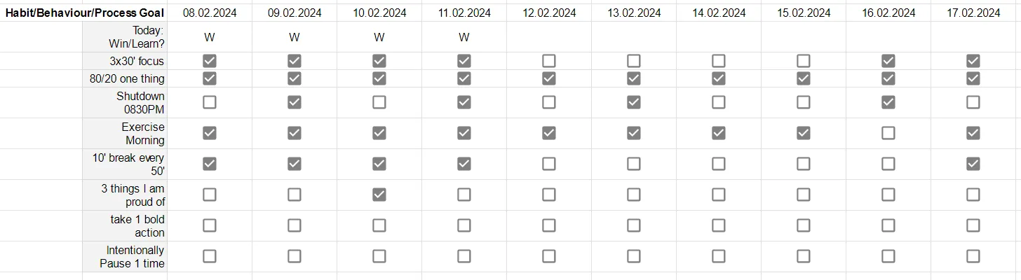 Habit/Behaviour/Process Goal Tracking on Google Sheets from the 8th of February till 17th of February 2024