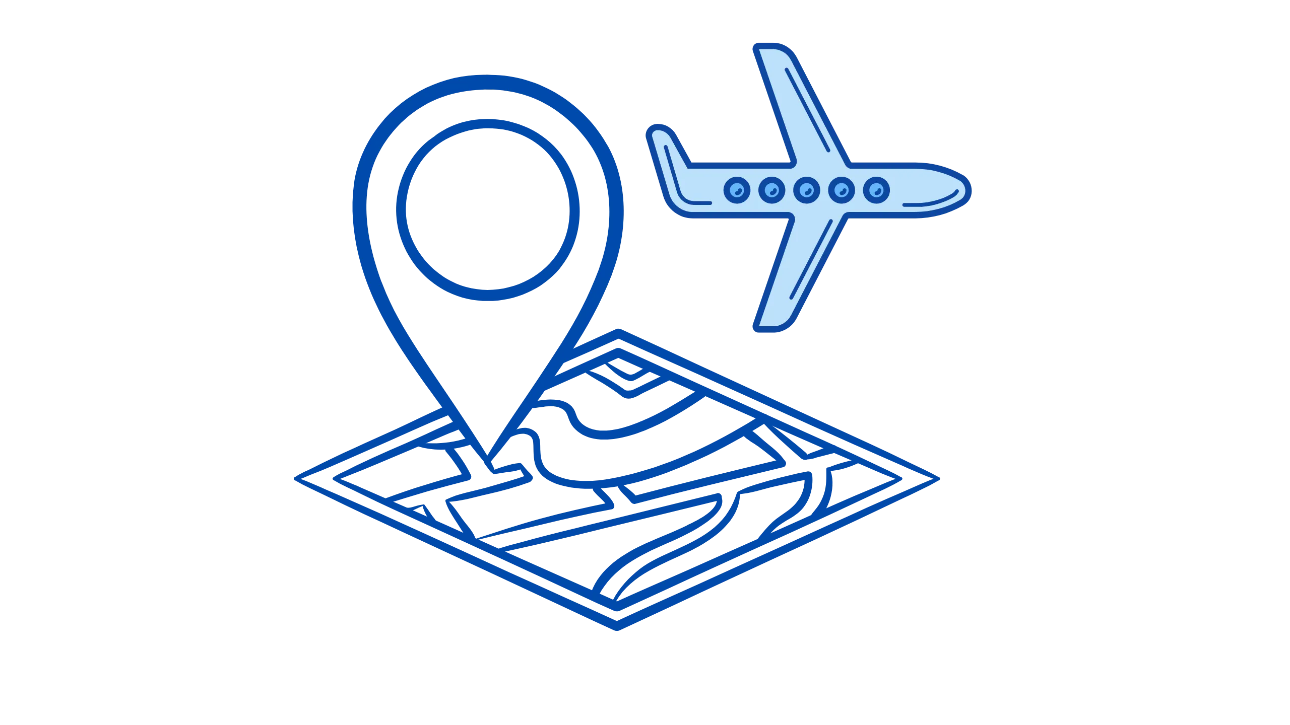 Line illustration of a plane and map pin above a folded map