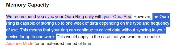 Oura support text explaining ring memory capacity and airplane mode