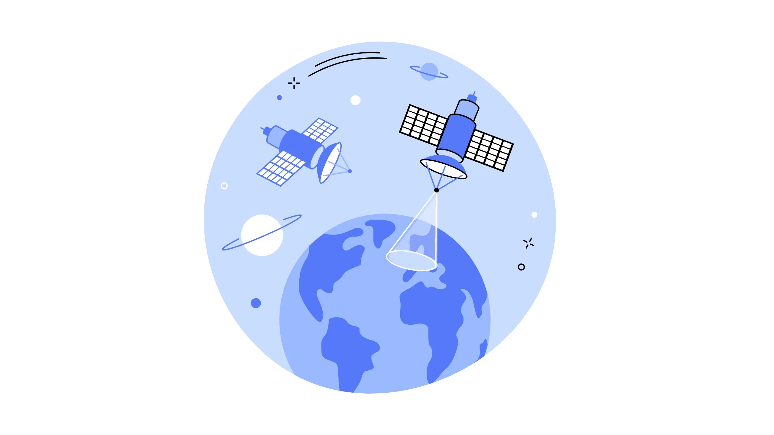 Illustration of Earth viewed from space with satellites