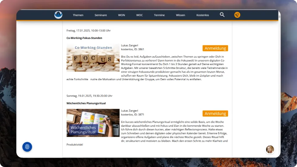 Landsiedel seminar website showing upcoming course listings
