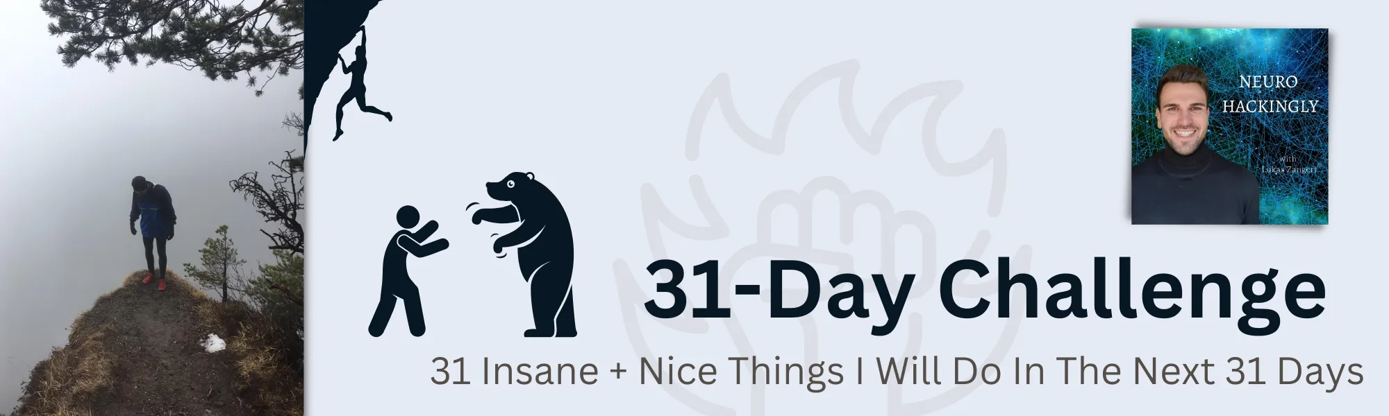 LinkedIn banner for a 31-Day Challenge with a mountain photo and small illustrated figures