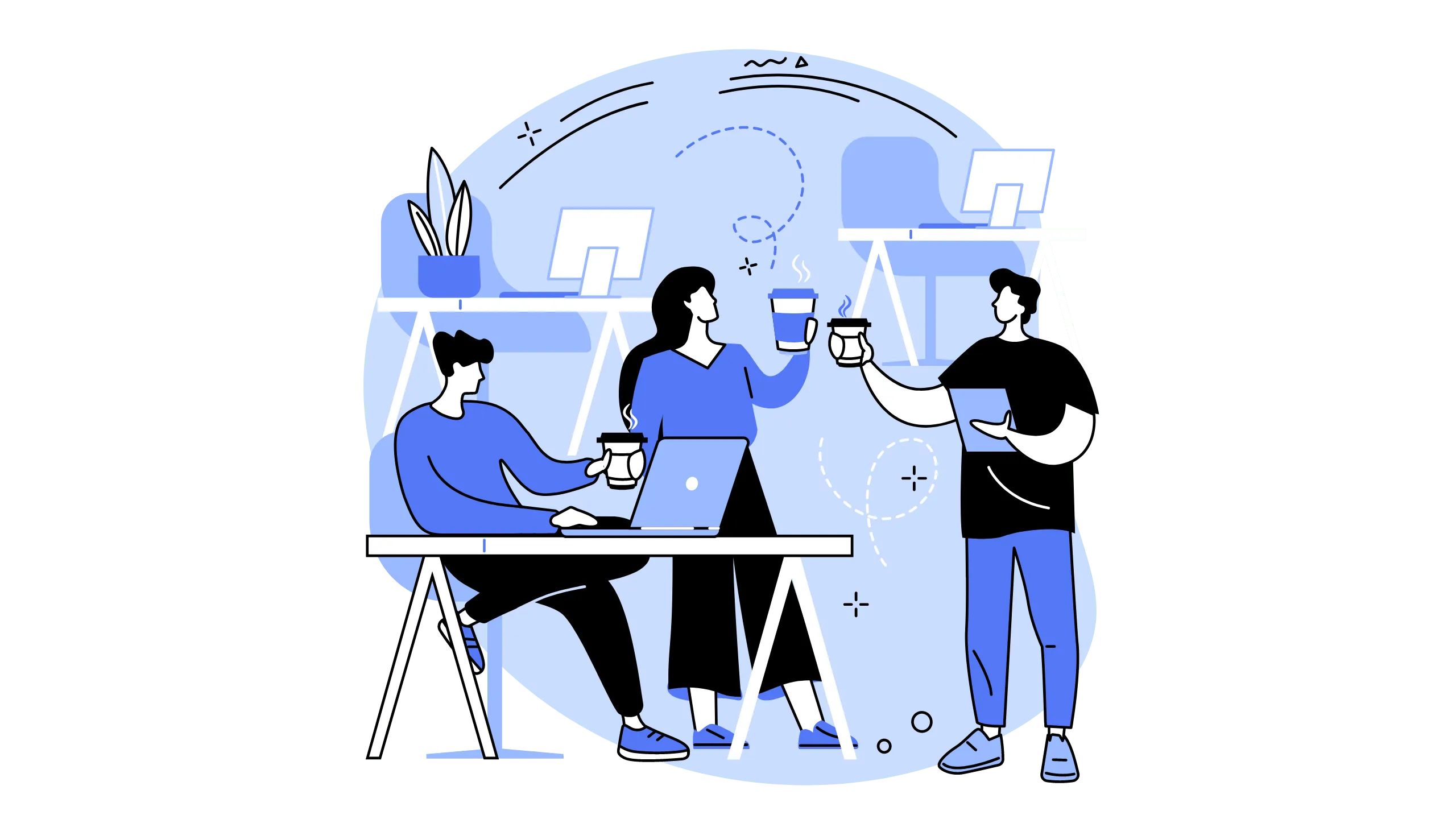 Illustration of people collaborating around a large presentation board