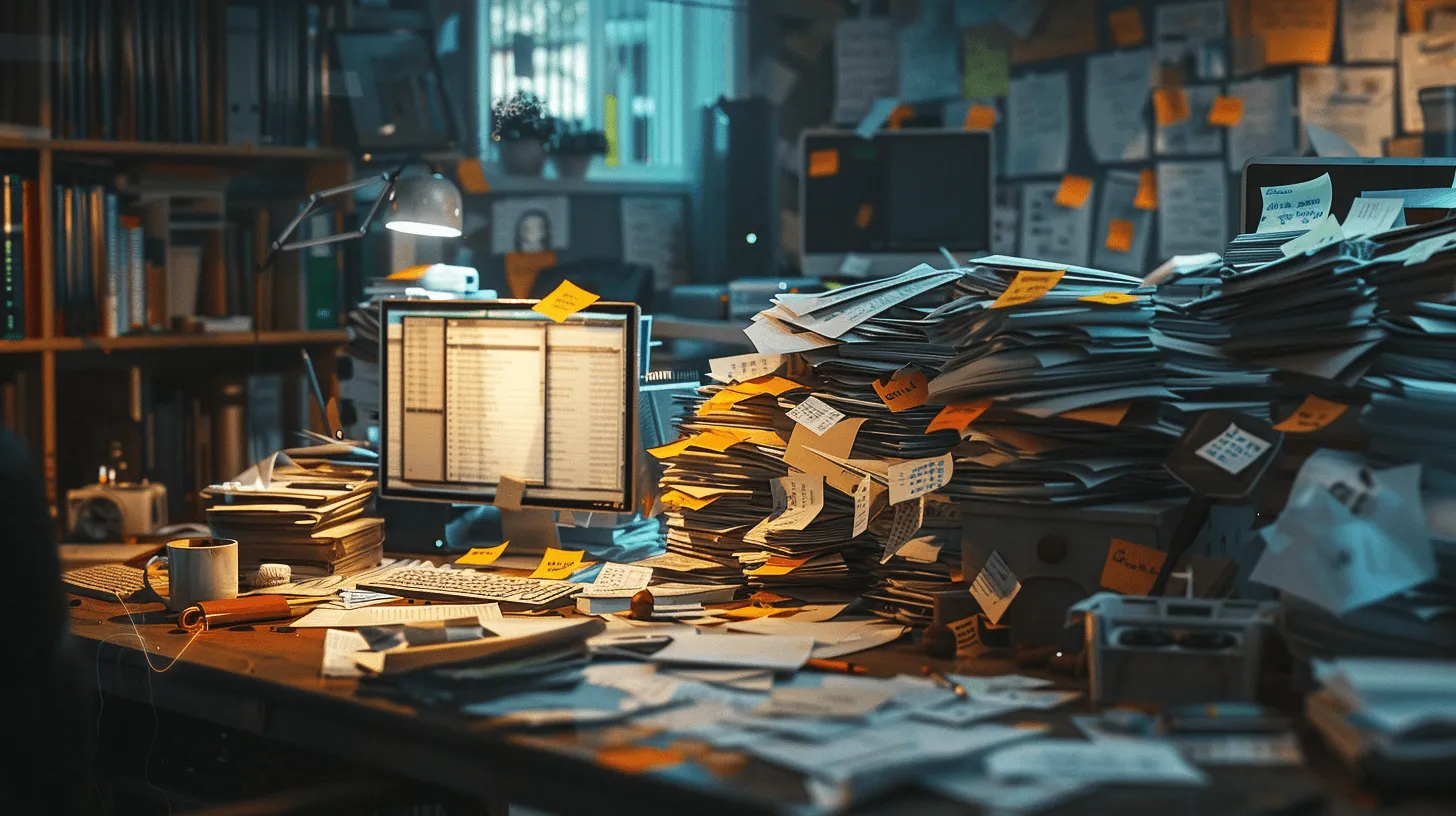 Messy desk piled with papers and notes