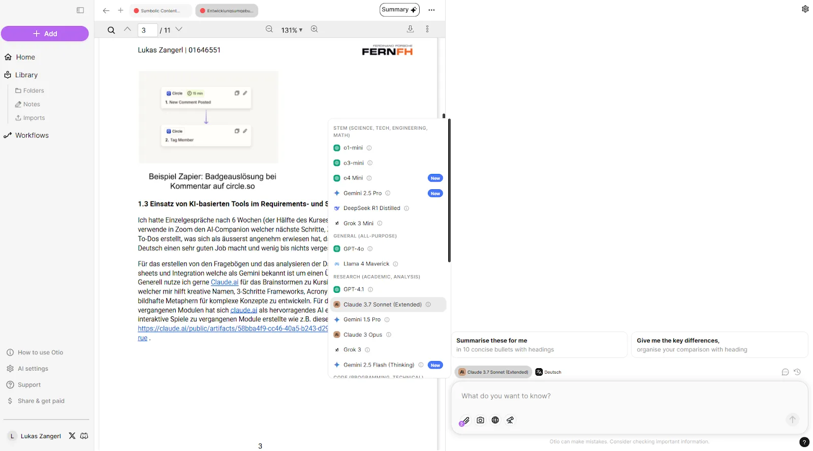Otio research workspace with documents on the left and AI chat on the right