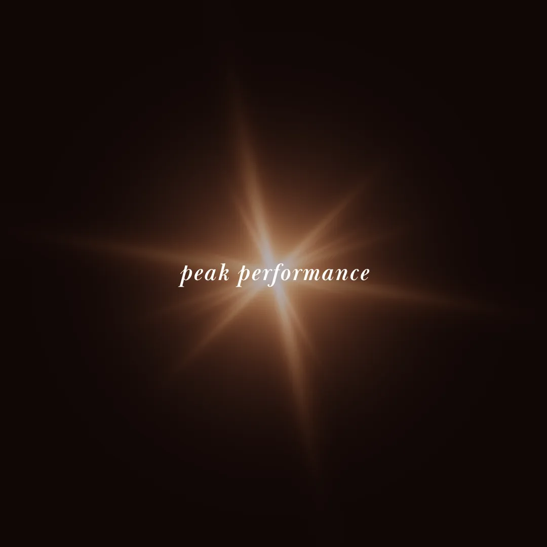 Dark starburst graphic with the text Peak Performance