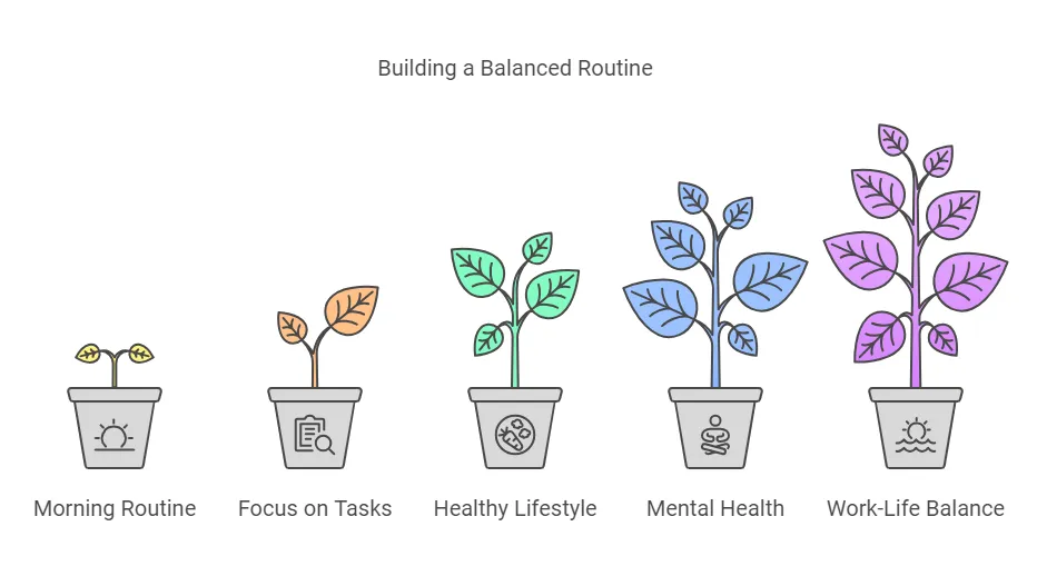 Illustration of five plant pots, each representing a component of balance. From left to right, they depict a growing plant with icons symbolizing Morning Routine (sunrise), Focus on Tasks (clipboard), Healthy Lifestyle (DNA strand), Mental Health (meditation), and Work-Life Balance (sunset over water). The plants grow progressively taller and more complex, emphasizing holistic growth.