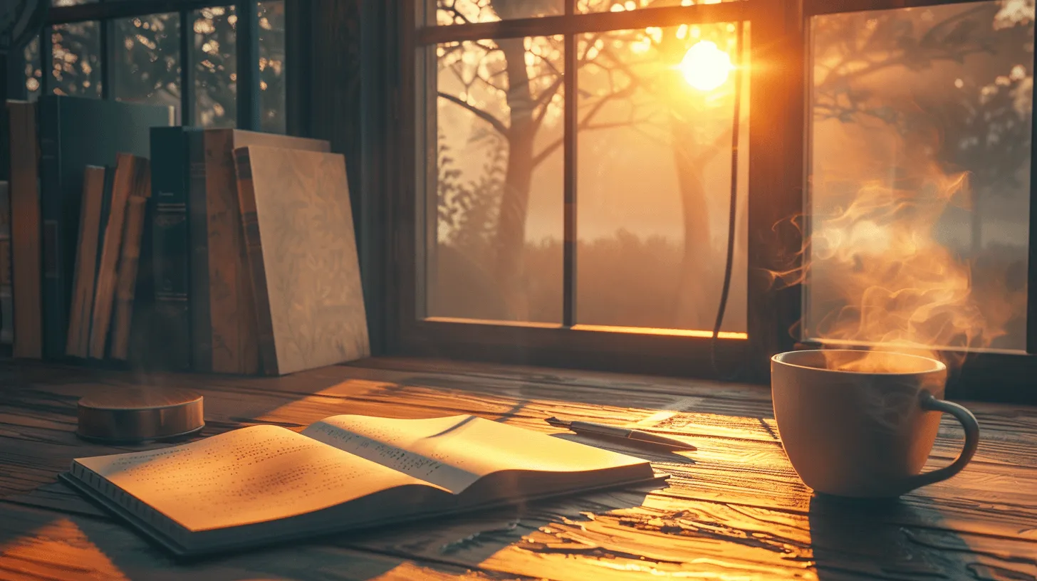 Notebook and coffee on a desk beside a sunrise window