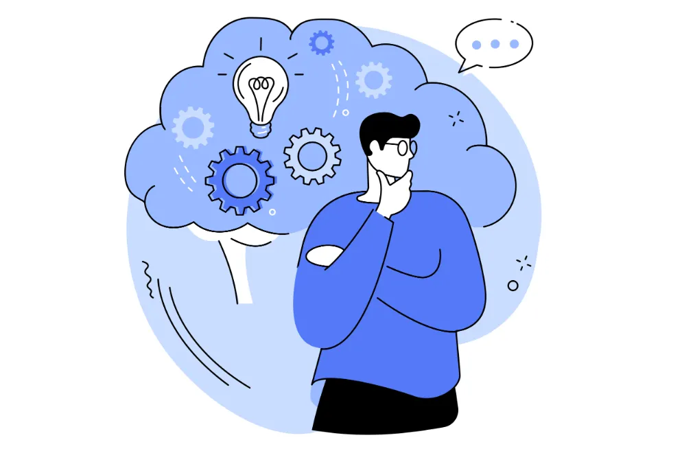 Illustration of a person thinking with gears and speech bubbles