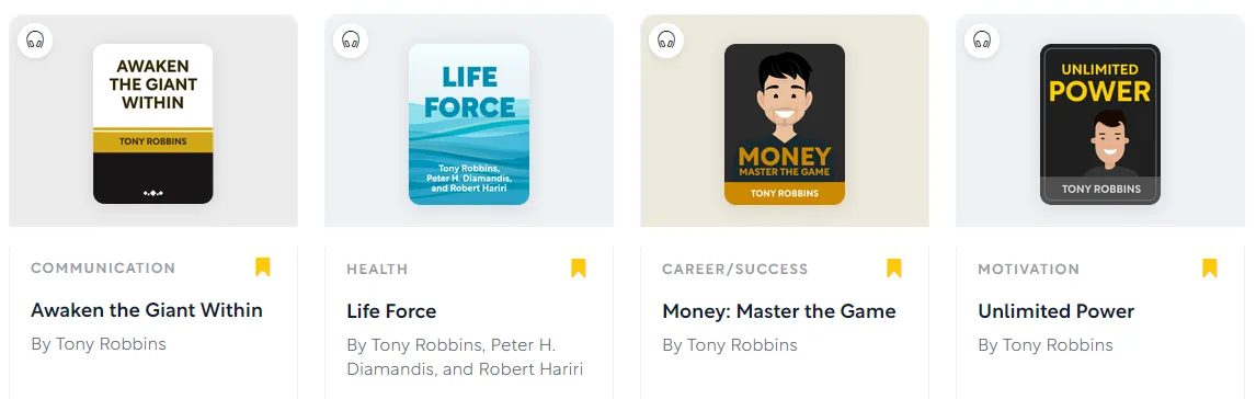 Shortform-Summaries cover of Tony Robbins Books "Awaken the Giant Within", "Life Force", "Money Master the Game" and "Unlimited Power".