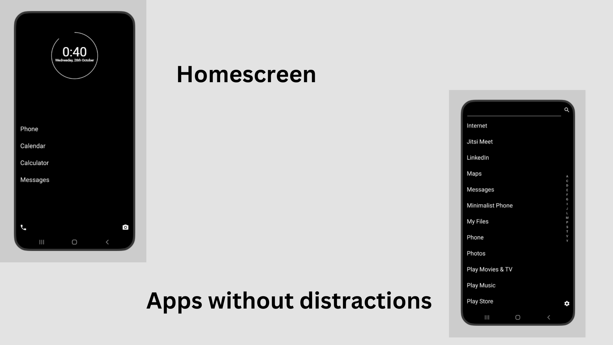 homescreen and second screen of app minimalist phone