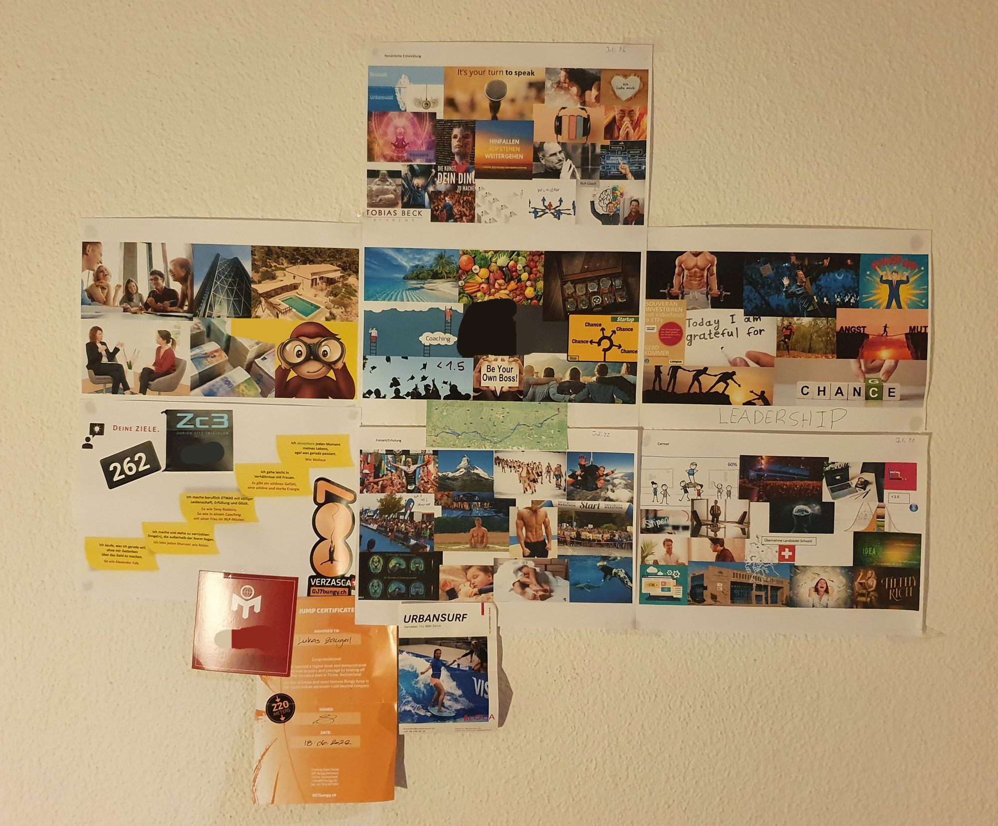 Vision Board divided into different areas. You can see different photos of goals I want to, or have already achieved.