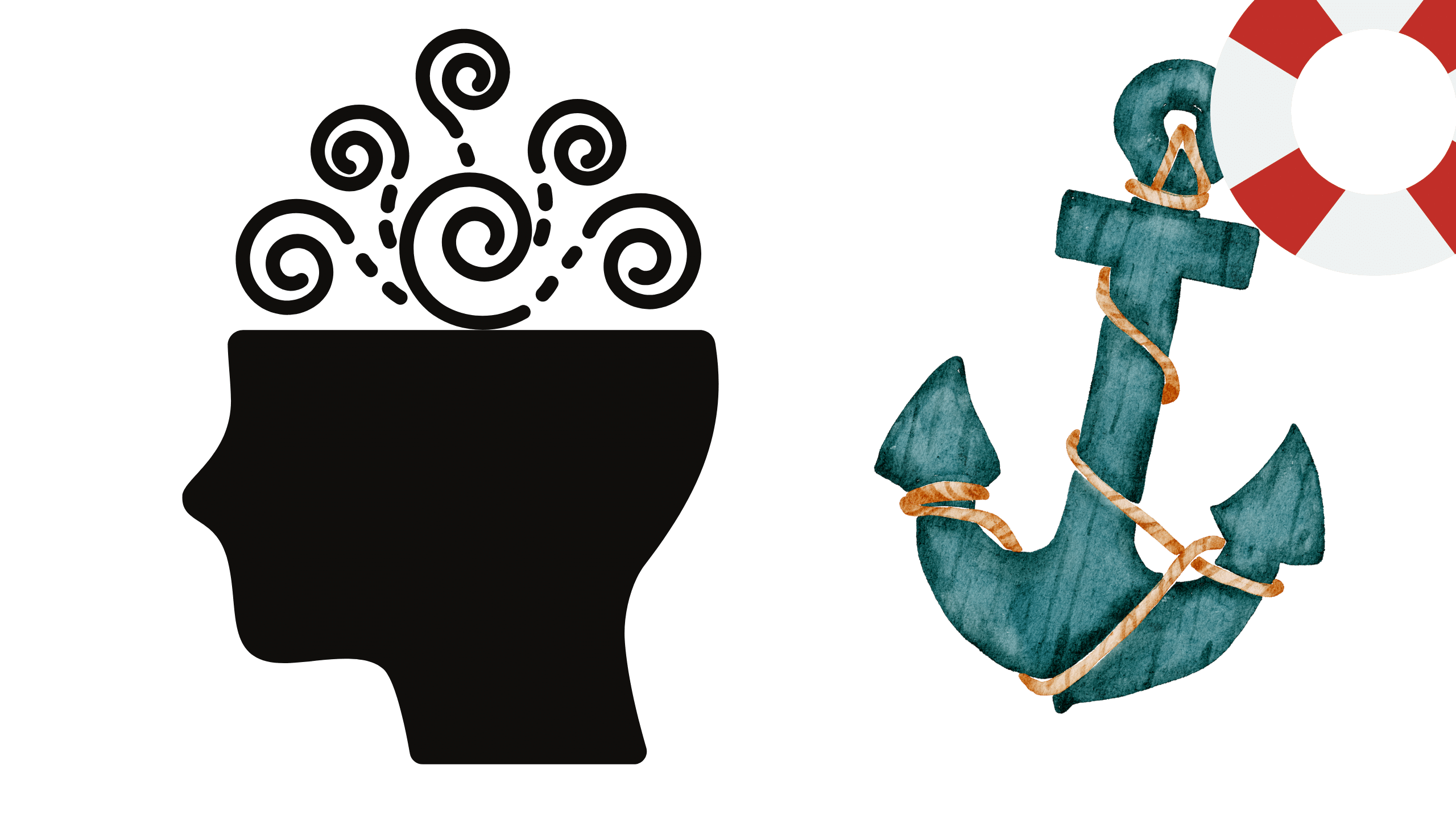 a head with spirals growing out of it and an anchor with a floating tire next to it