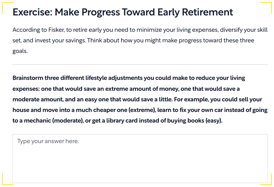Screenshot of an exercise encouraging readers to plan for early retirement by brainstorming lifestyle adjustments to reduce expenses. The exercise outlines three levels of savings adjustments: extreme, moderate, and easy. Examples provided include selling a house for a cheaper one (extreme), learning to fix your car instead of hiring a mechanic (moderate), and using a library card instead of purchasing books (easy).