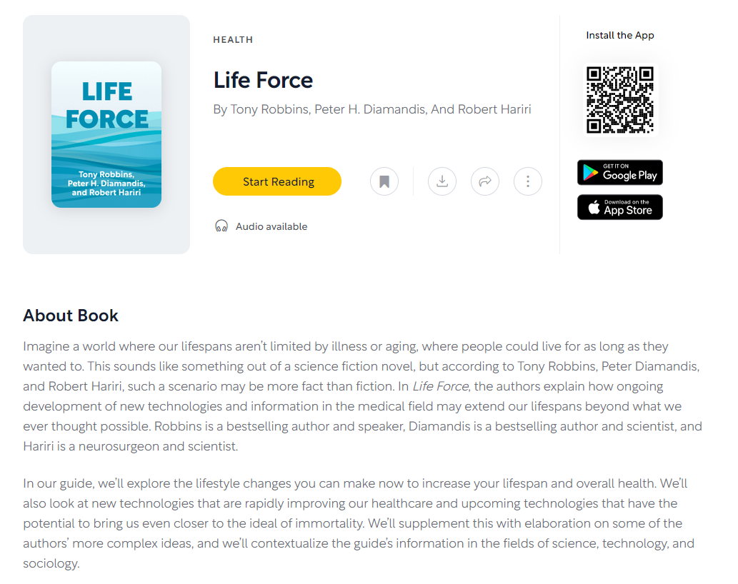 How the book-summary "Life Force" looks like on Shortform (short book-summary and QR Code to install the app