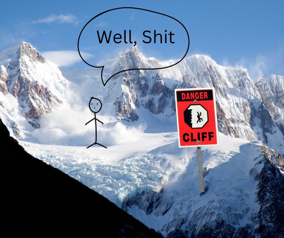 snow avalanche going down the cliff with stickman
