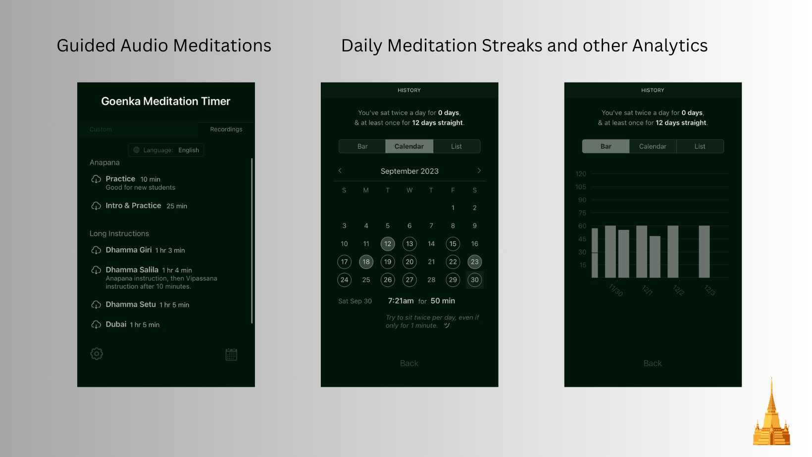 3 screenshots from the App Goenka Timer showing practice sessions completed and audio vipassana meditations