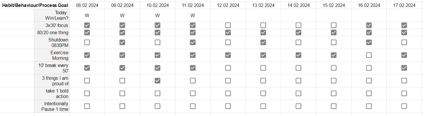 Habit/Behaviour/Process Goal Tracking on Google Sheets from the 8th of February till 17th of February 2024