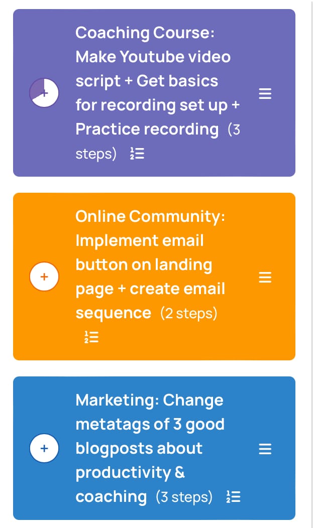 my 3 weekly goals with subtasks commit action