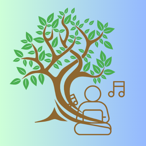 Produktivität, statt Prokrastination und Aufschieberitis: Die Person auf dem Bild macht es richtig - sie sitzt gemütlich unter einem Baum, hört Musik und arbeitet enspannt. Der hellblaue Hintergrund symbolisiert die Einfachheit, wenn man entspannt und gelassen bei der Arbeitist.