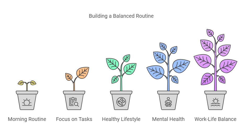Illustration of five plant pots, each representing a component of balance. From left to right, they depict a growing plant with icons symbolizing Morning Routine (sunrise), Focus on Tasks (clipboard), Healthy Lifestyle (DNA strand), Mental Health (meditation), and Work-Life Balance (sunset over water). The plants grow progressively taller and more complex, emphasizing holistic growth.