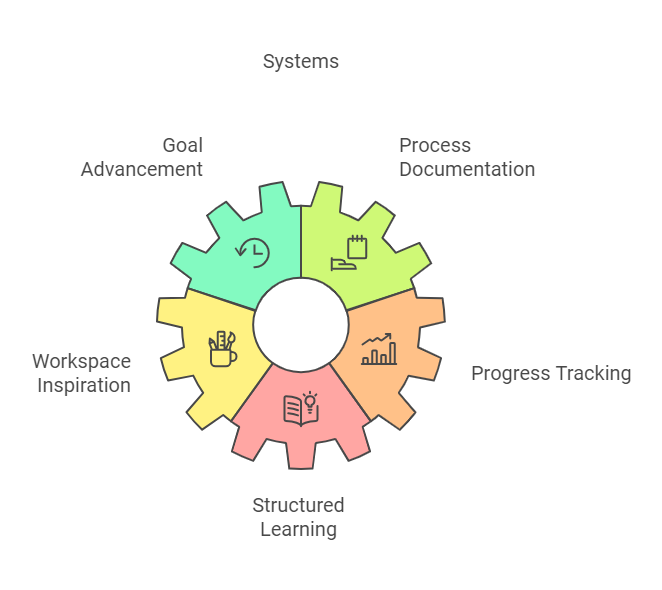 A gear icon split into six colorful segments representing core productivity elements: Goal Advancement, Process Documentation, Progress Tracking, Structured Learning, Workspace Inspiration, and Systems. The central circle symbolizes interconnectedness.