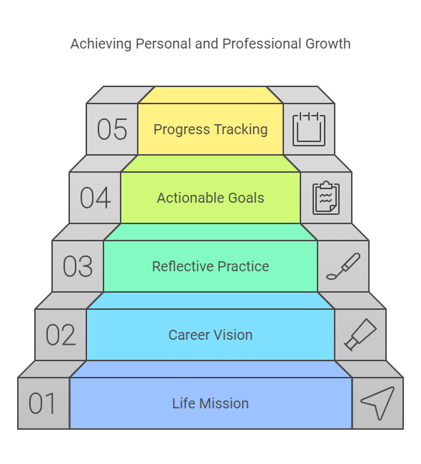 A staircase with five labeled steps: Life Mission, Career Vision, Reflective Practice, Actionable Goals, and Progress Tracking. Each step has a matching icon, emphasizing progression toward growth and clarity.