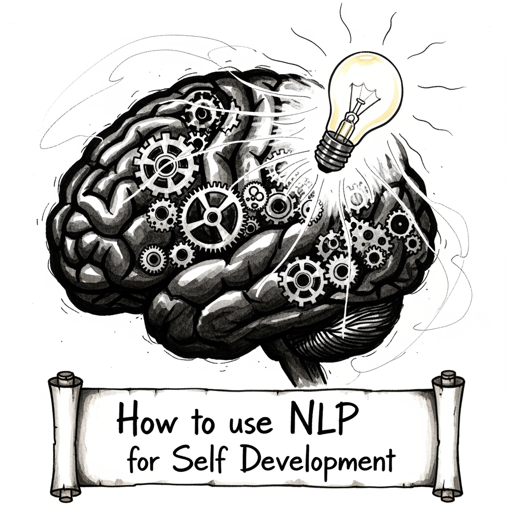 A brain with gears on it and a lightbulb in handdrawn style showing "How to use NLP for Self Development"