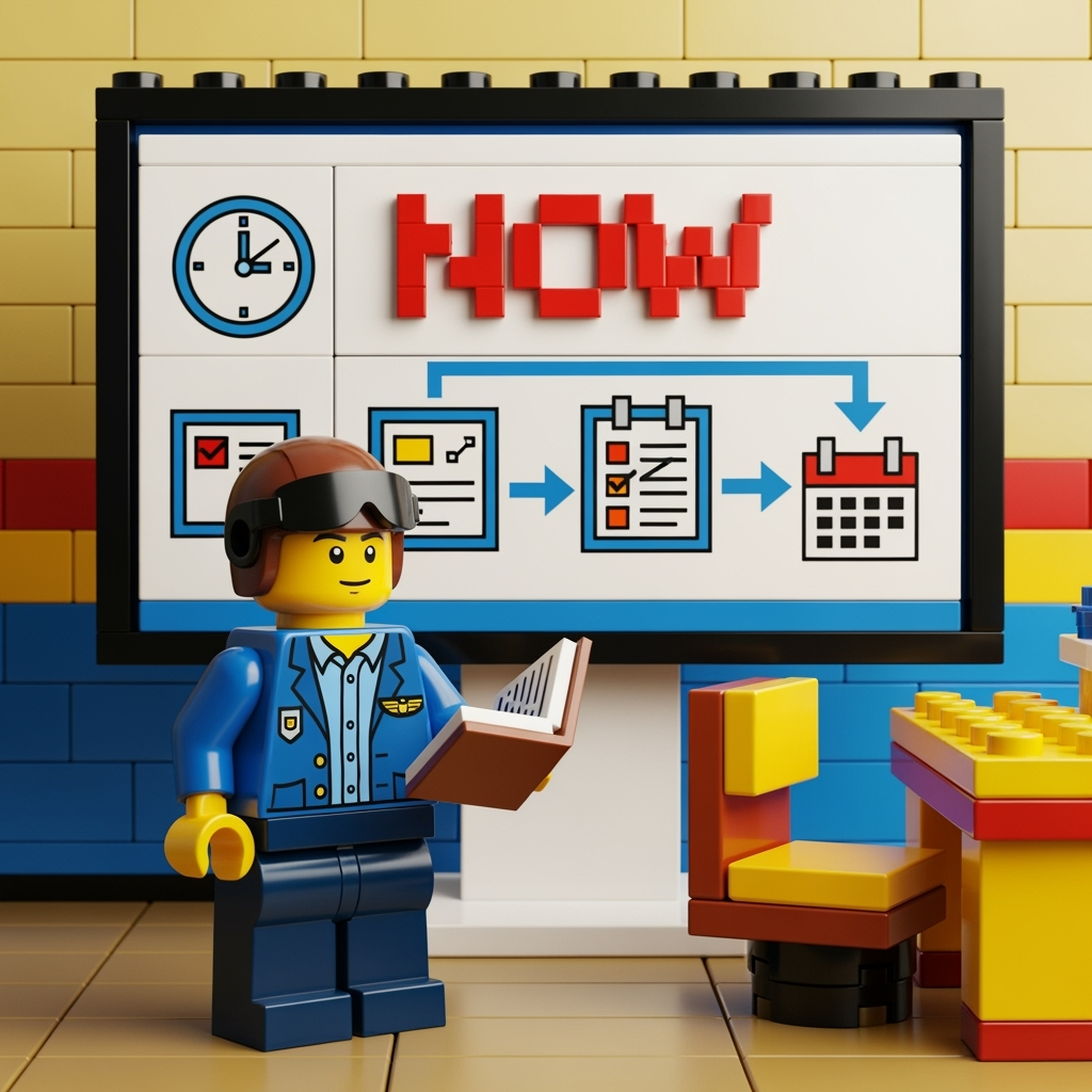 A lego pilot standing in a room with a book in his hands, teaching and instructing. On the board it is written "Now" in red.