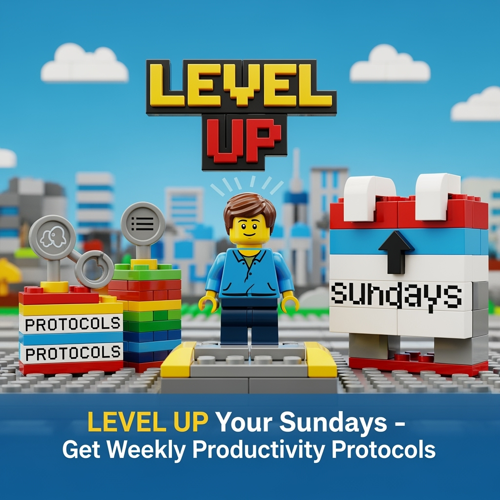 A Lego man standing and enjoying life because he levels up his sundays with the weekly productivity protocols from neurohackingly