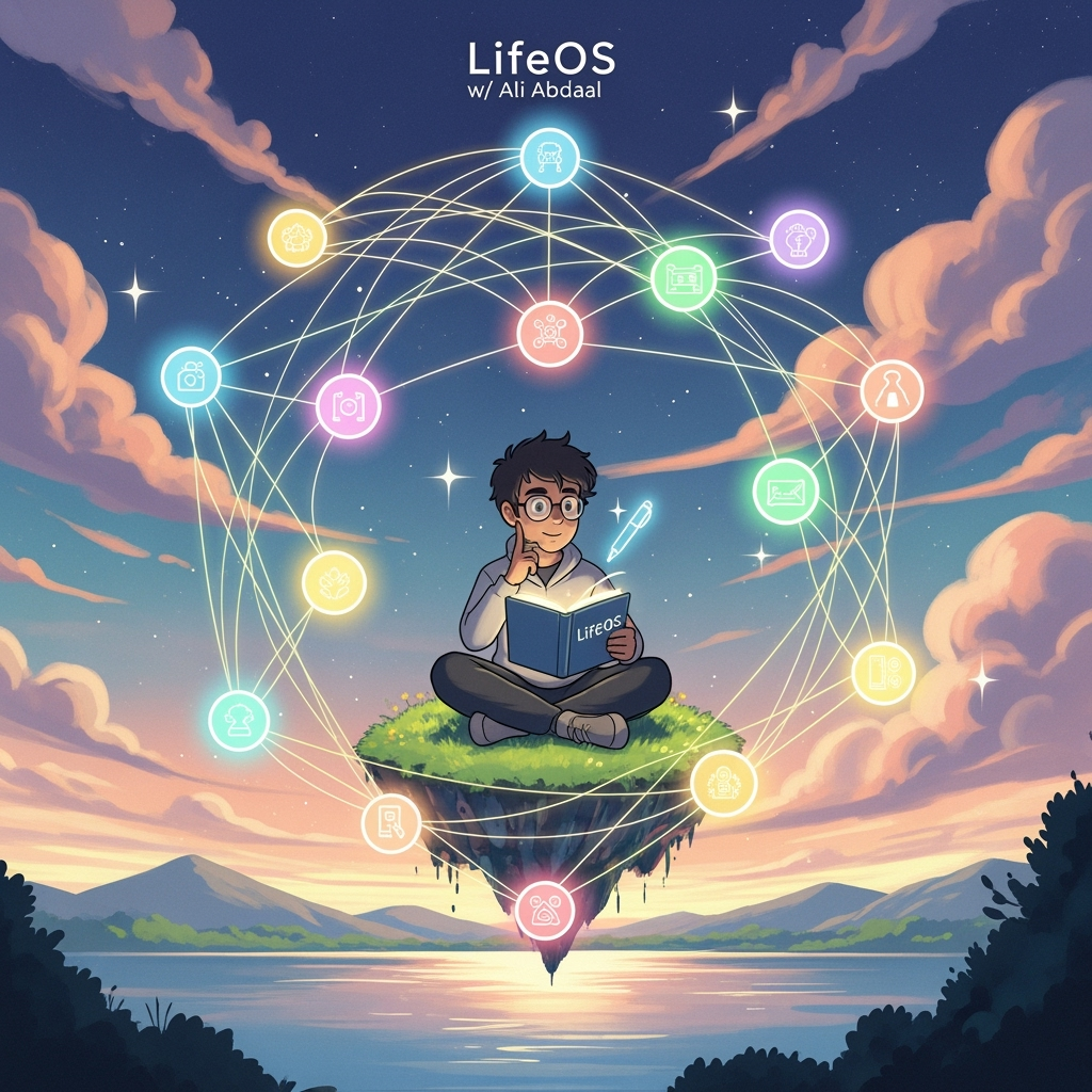 A boy sitting on a floating piece of earth reading a book called "LifeOS". In the background there are clouds, a lake and some hills and mountains.